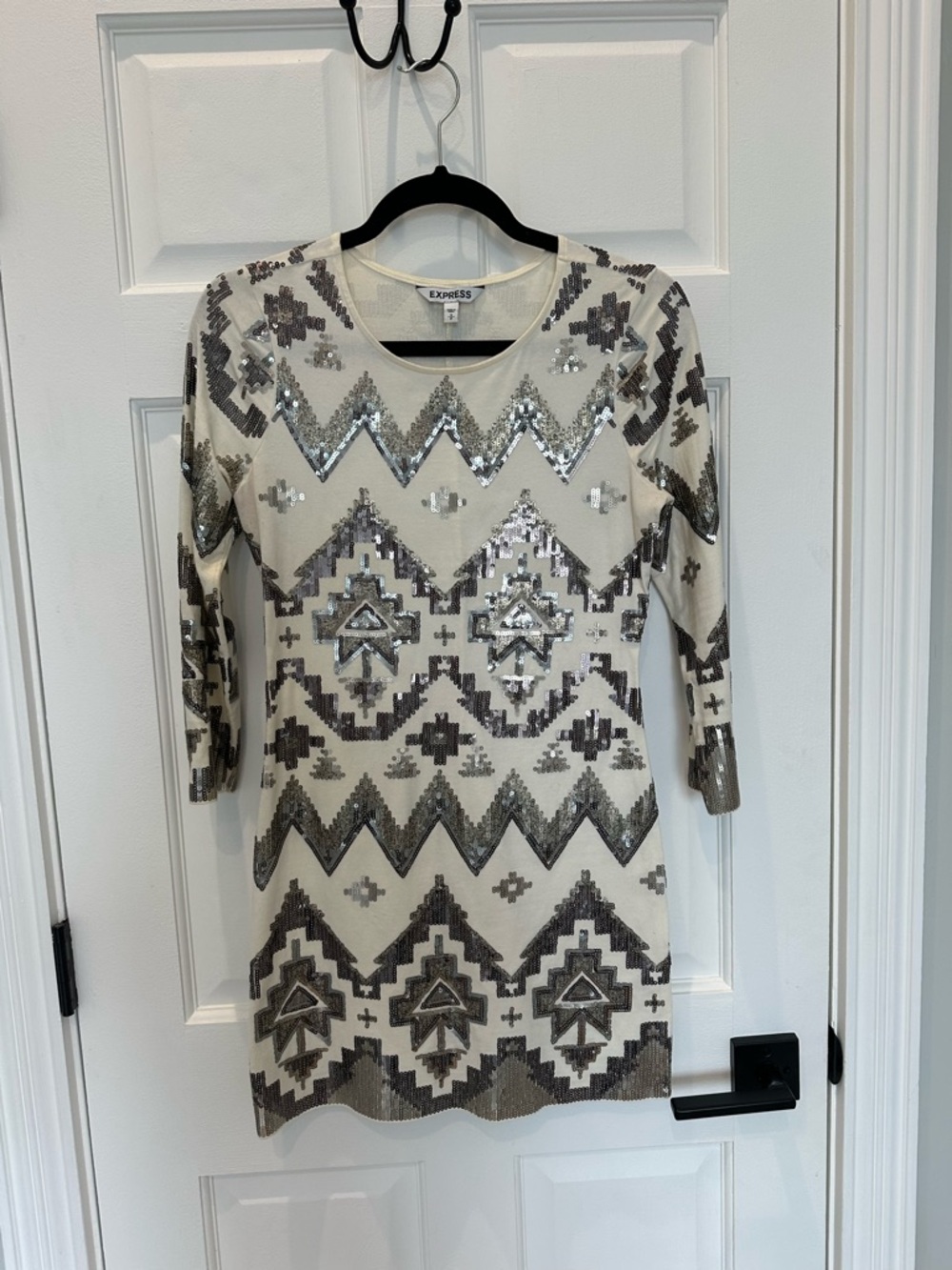 Express Cream Mini Dress with Silver Sequin Geometric Aztec Pattern